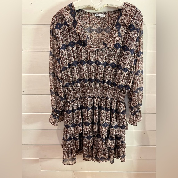 💙 DEX – Navy, Cream & Burgundy Print Dress – Size 2X - Picture 6 of 11